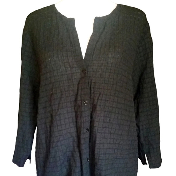 Eileen Fisher Black Grid Texture Organic Cotton Button Front Blouse Size Large - Picture 2 of 7